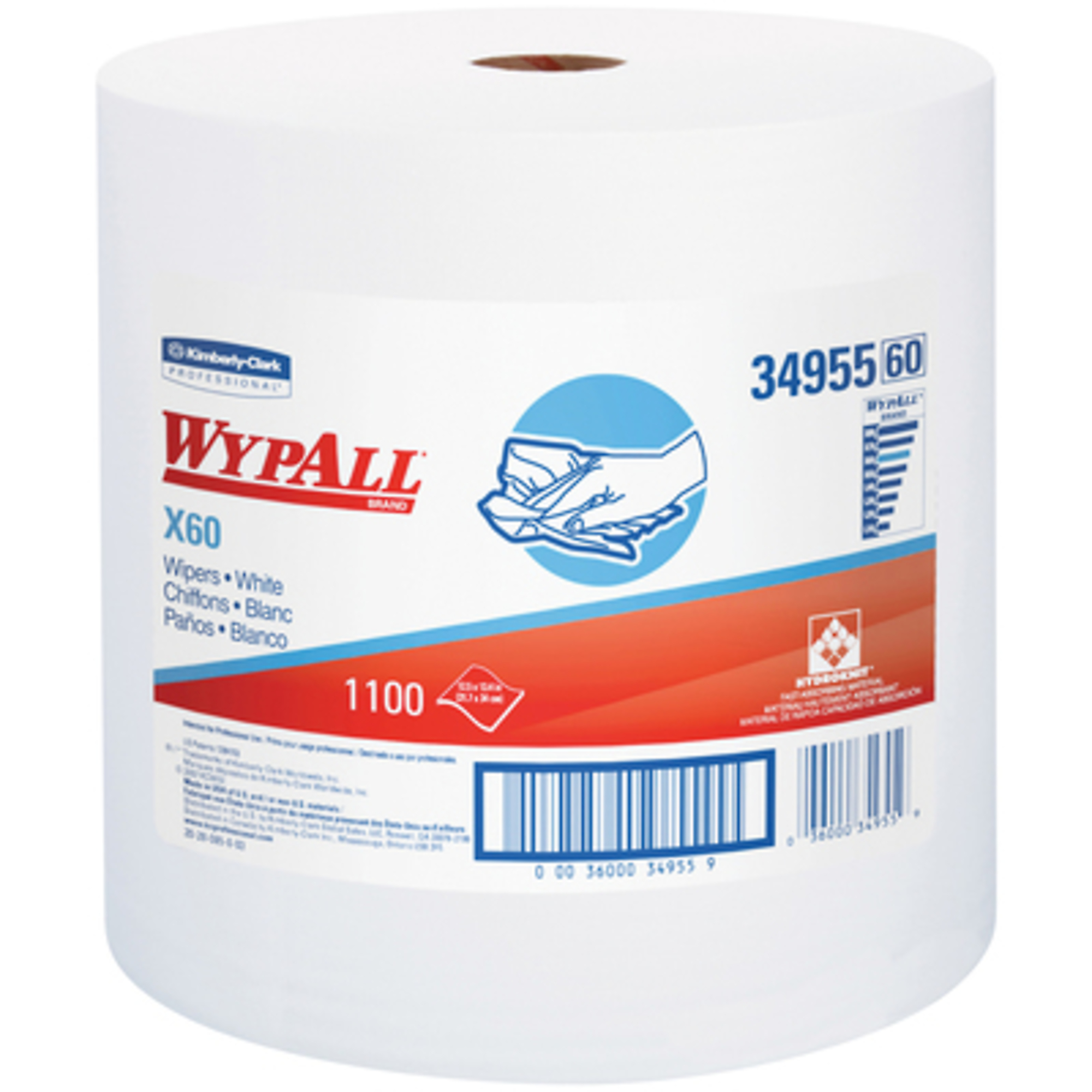 WypAll X60 Industrial Jumbo Roll Wipers - Lightweight, Reinforced, White, Model# KW118